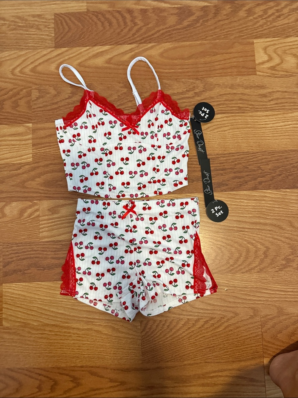 Cherry-Print Lace-Trim Pajama Set - White/Red